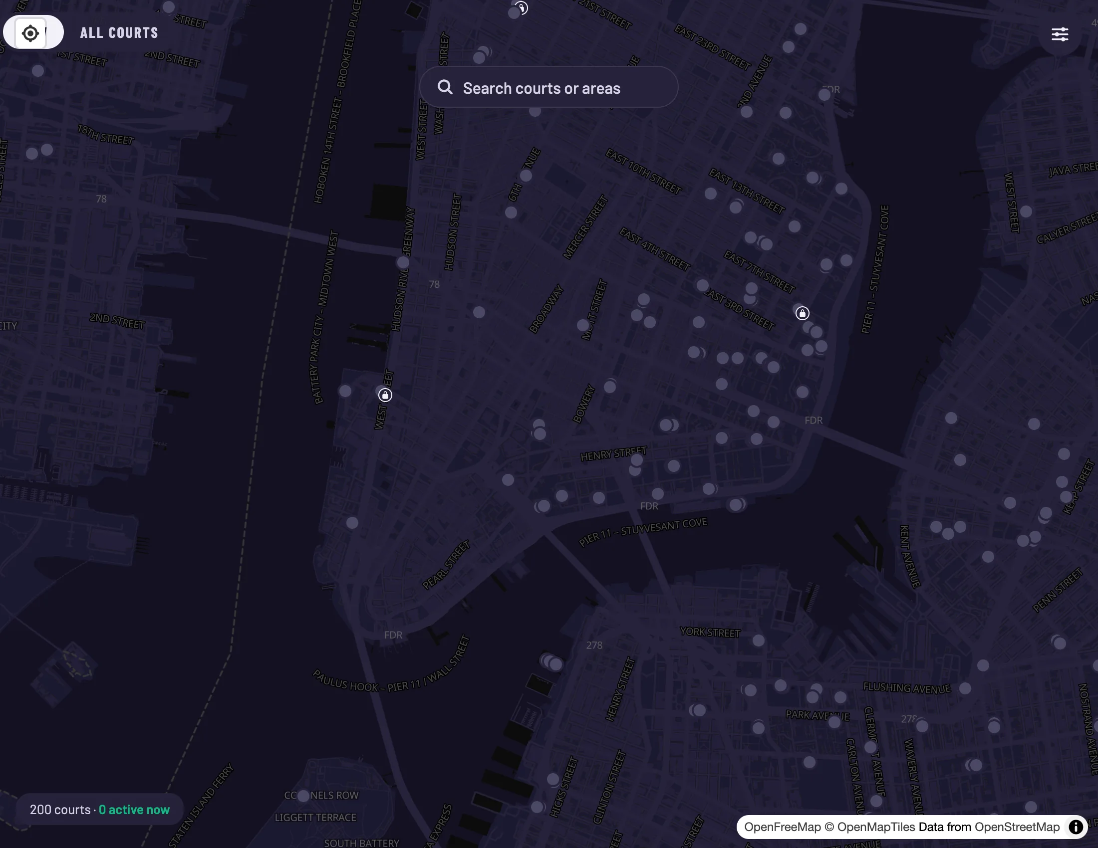 The pull-up map: basketball court pins across Lower Manhattan