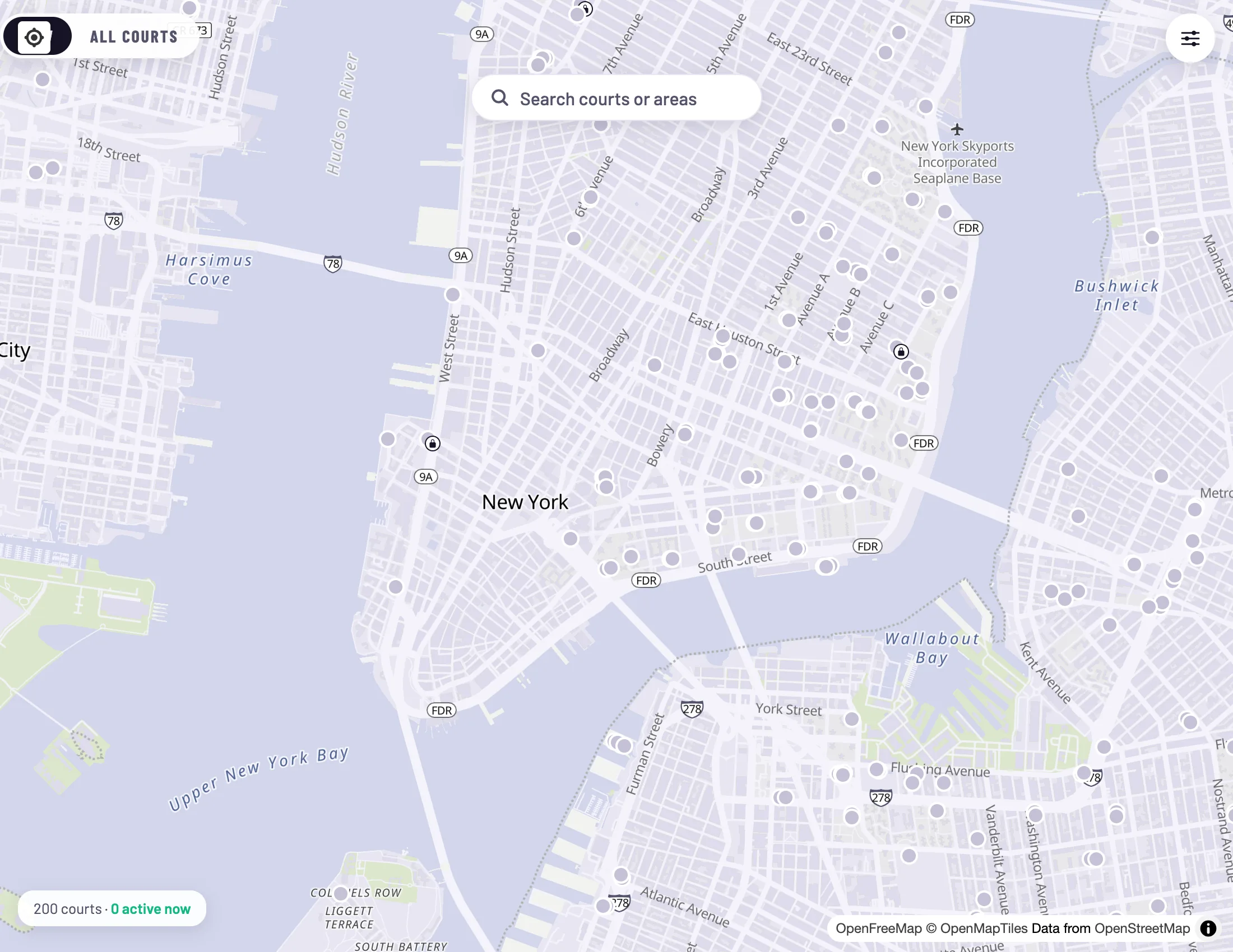 The pull-up map: basketball court pins across Lower Manhattan