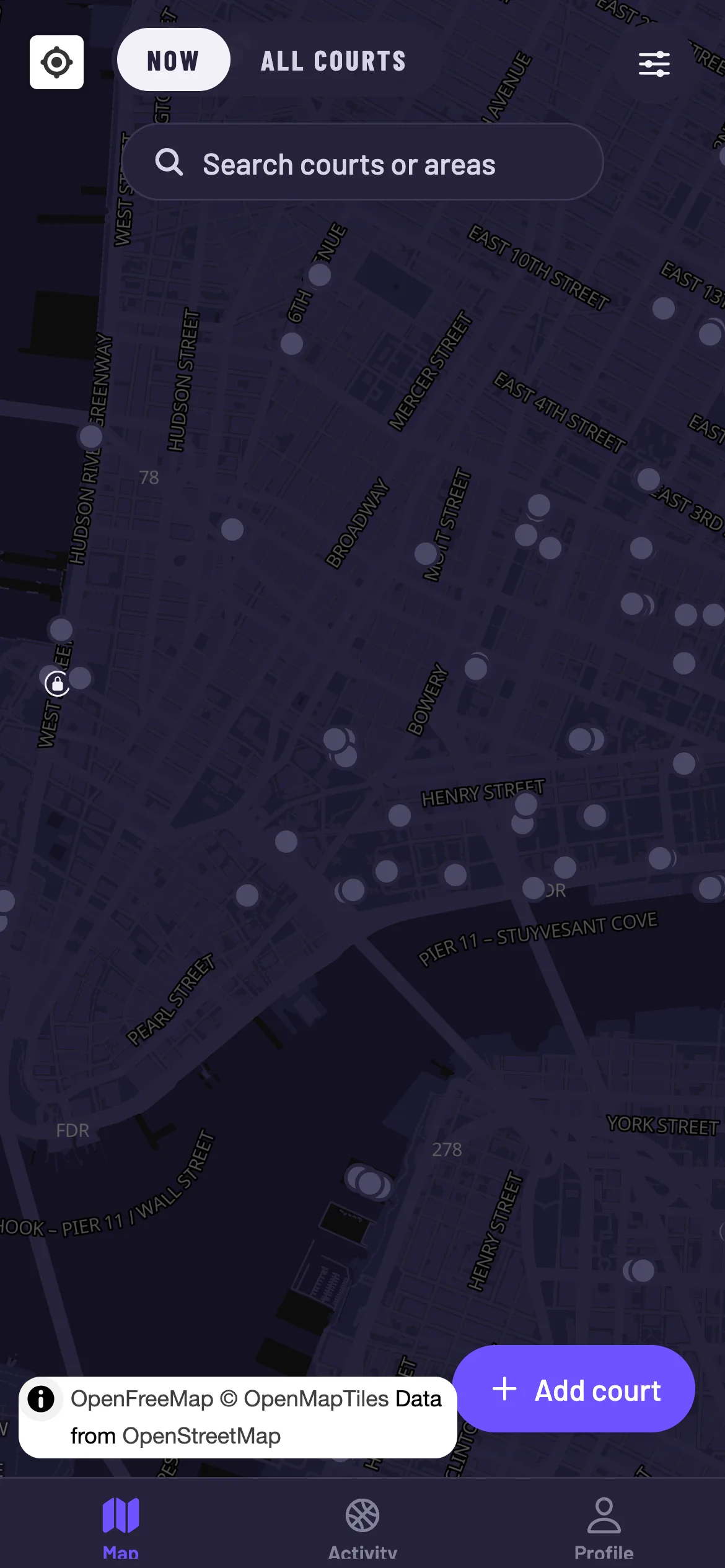 The pull-up map, showing court pins across Lower Manhattan