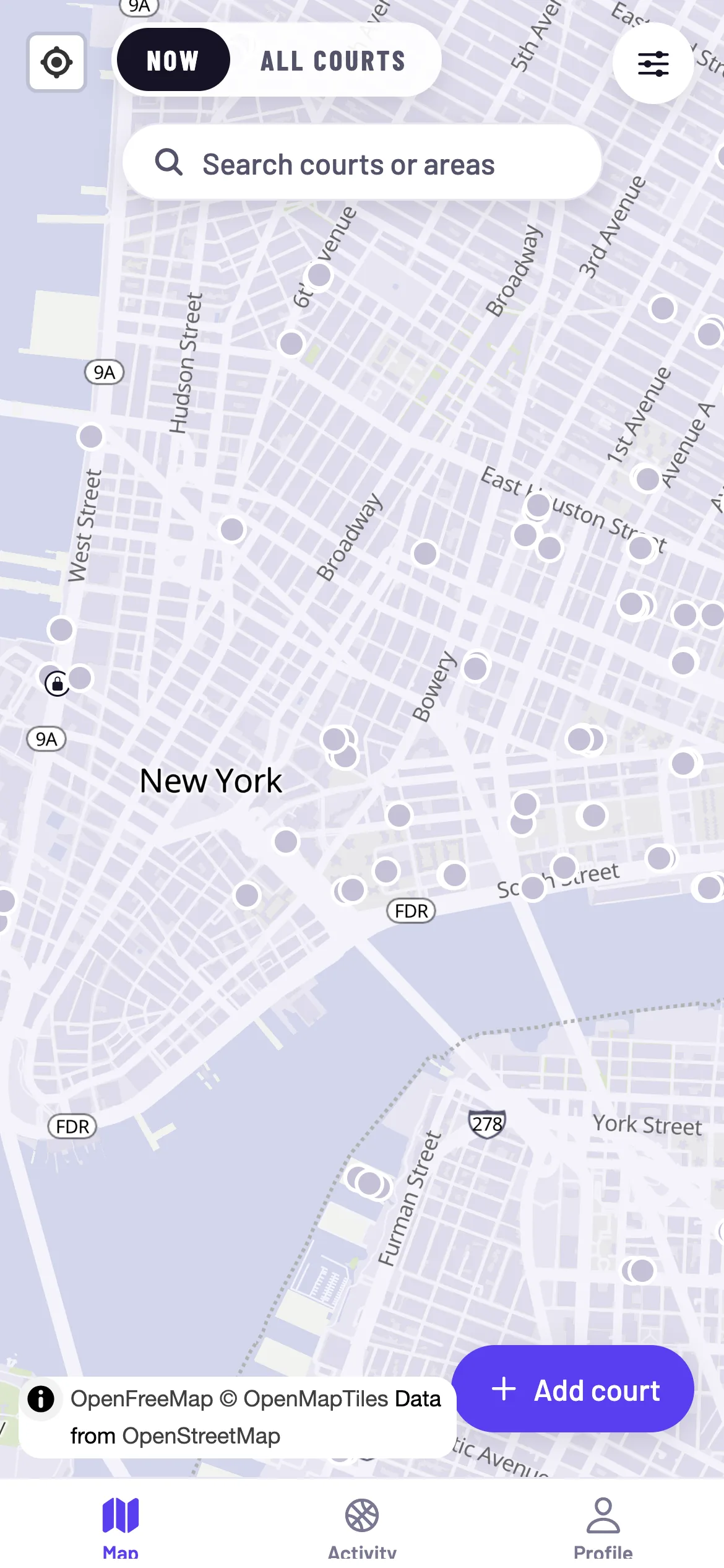 The pull-up map, showing court pins across Lower Manhattan