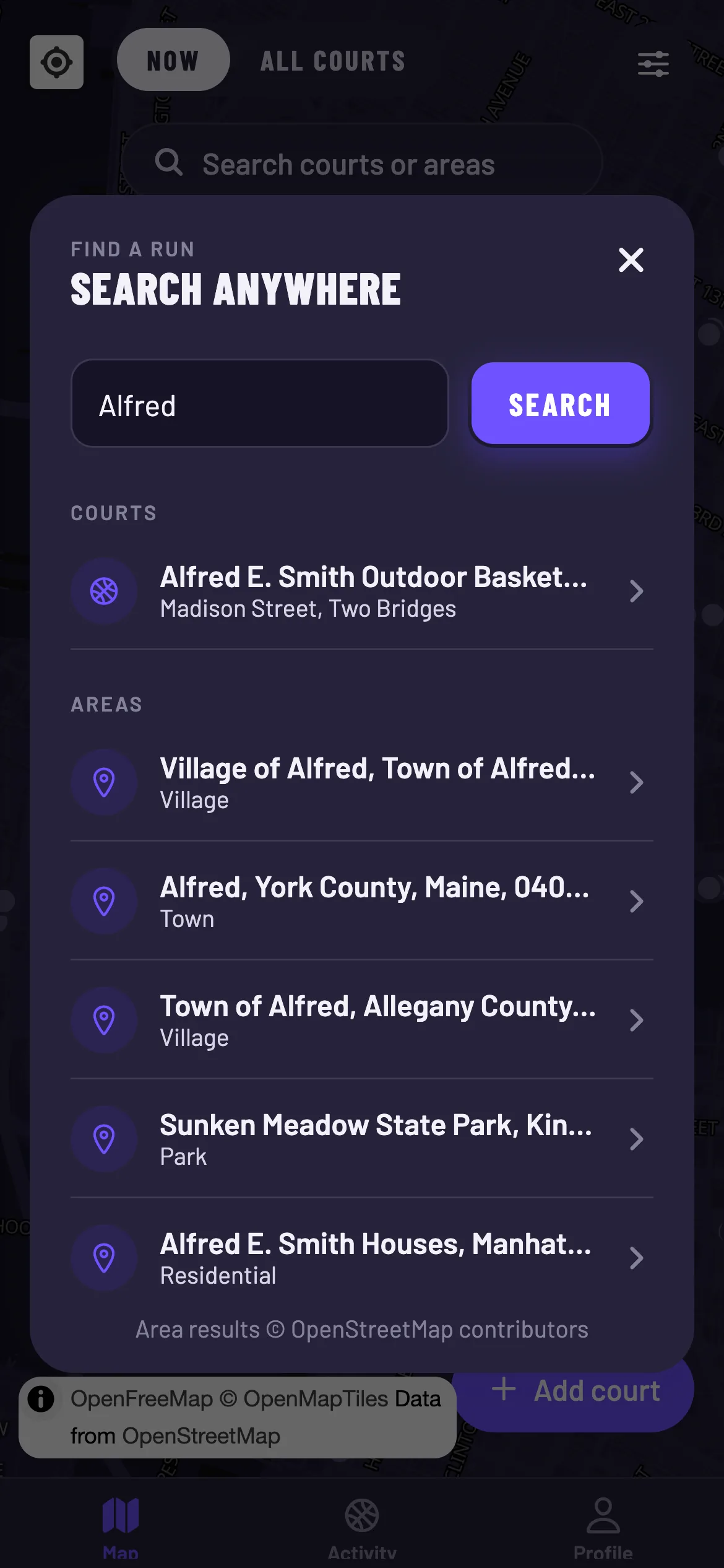 Searching for a court or neighbourhood by name