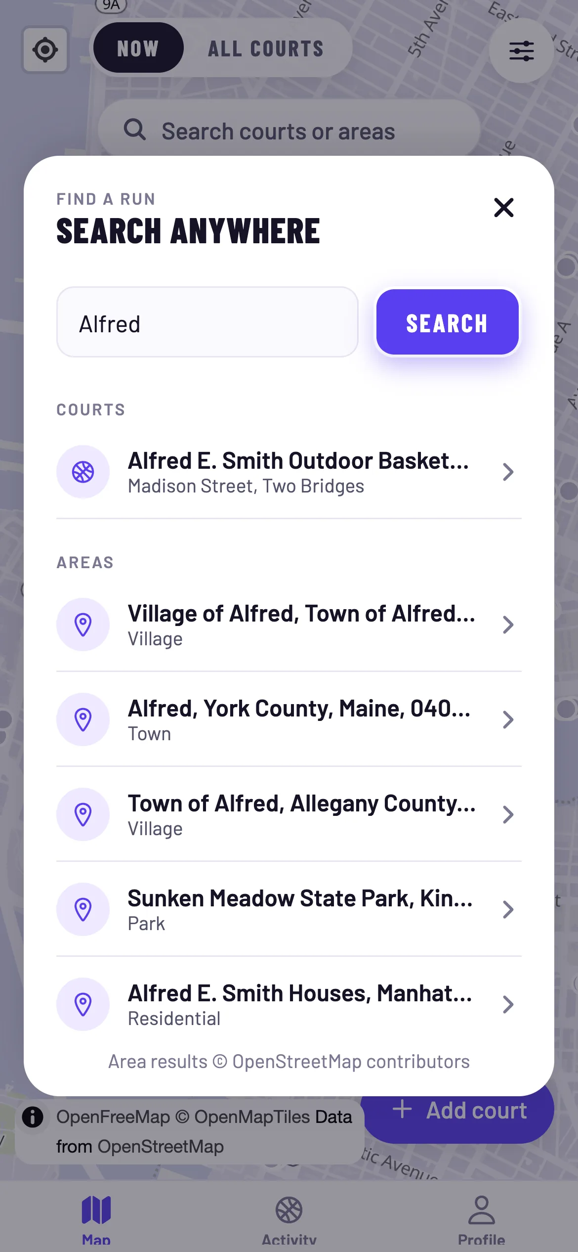 Searching for a court or neighbourhood by name